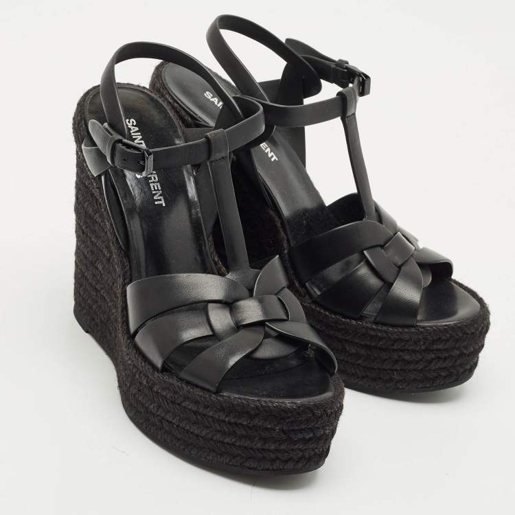 Pre Owned Saint Laurent Black Leather Tribute Wedge Espadrille Sandals Size 37.5