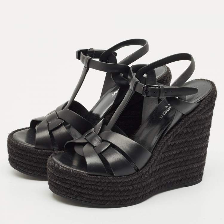Pre Owned Saint Laurent Black Leather Tribute Wedge Espadrille Sandals Size 37.5