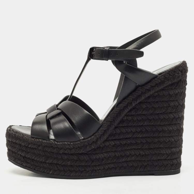Pre Owned Saint Laurent Black Leather Tribute Wedge Espadrille Sandals Size 37.5