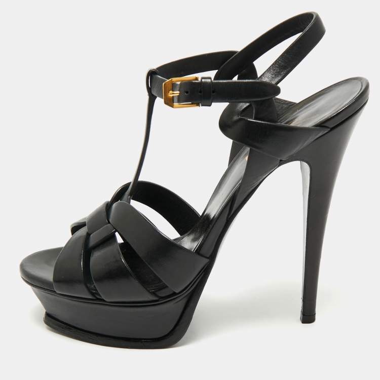 Pre Owned Saint Laurent Black Leather Tribute Platform Sandals Size 38
