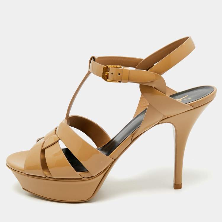 Pre Owned Saint Laurent  Beige Patent Leather Tribute Platform Ankle Strap Sandals Size 38