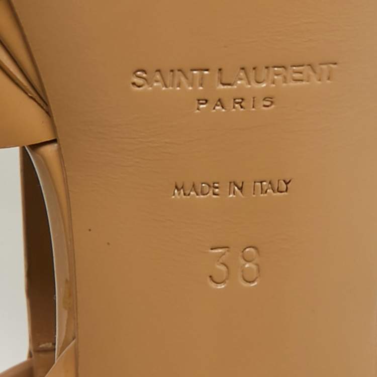 Pre Owned Saint Laurent  Beige Patent Leather Tribute Platform Ankle Strap Sandals Size 38