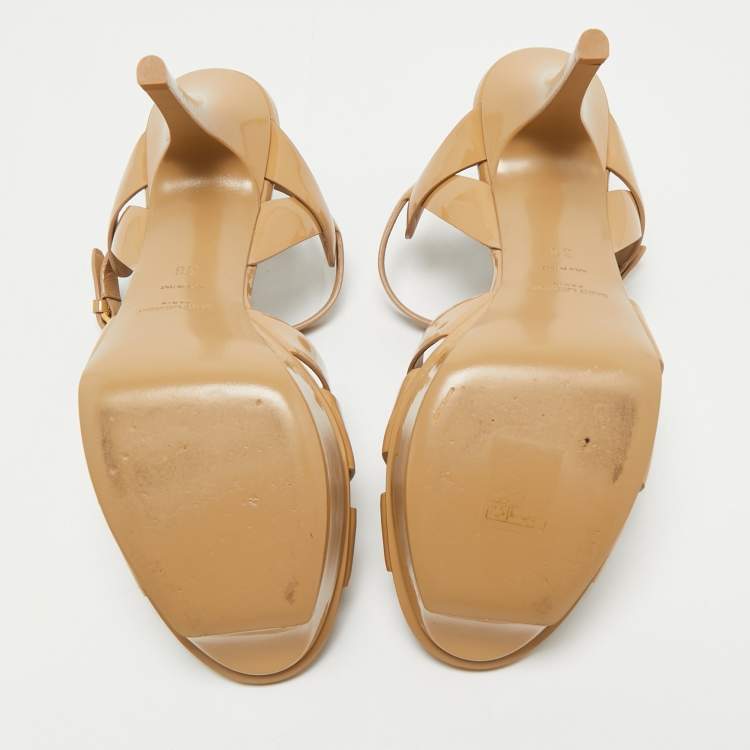 Pre Owned Saint Laurent  Beige Patent Leather Tribute Platform Ankle Strap Sandals Size 38