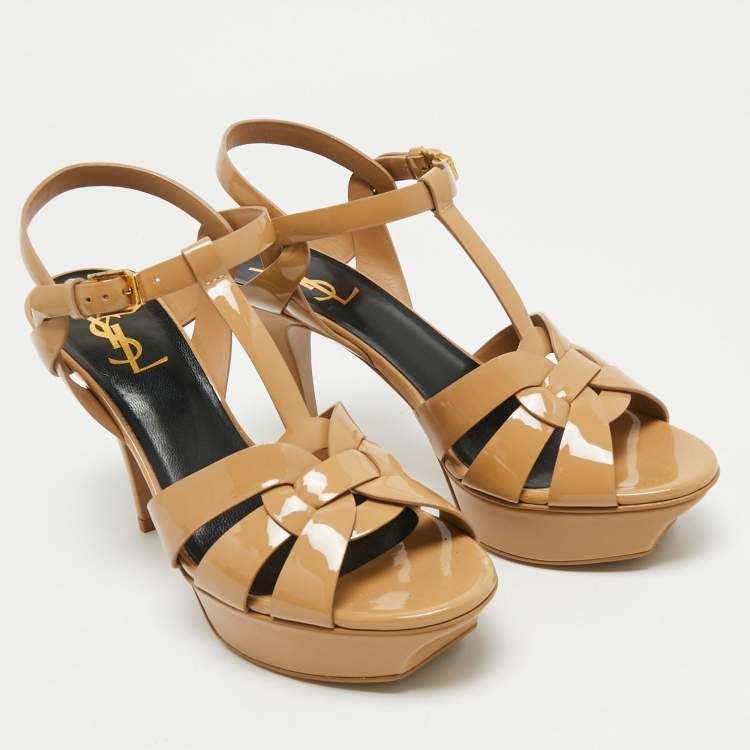 Pre Owned Saint Laurent  Beige Patent Leather Tribute Platform Ankle Strap Sandals Size 38