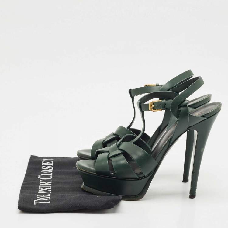Pre Owned  Saint Laurent Green Leather Tribute Platform  Sandals Size 37