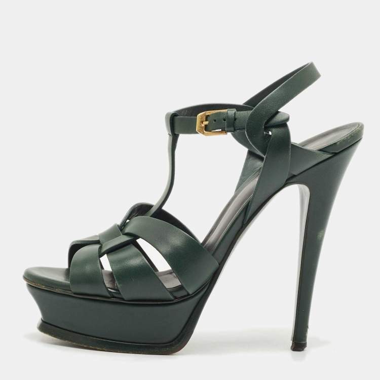 Pre Owned  Saint Laurent Green Leather Tribute Platform  Sandals Size 37