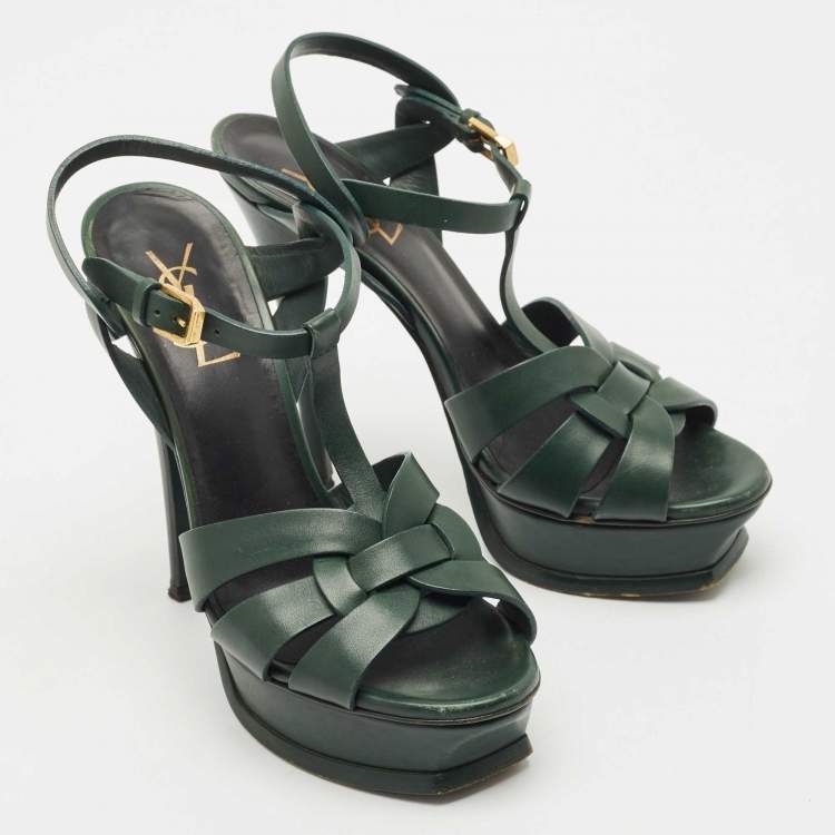 Pre Owned  Saint Laurent Green Leather Tribute Platform  Sandals Size 37