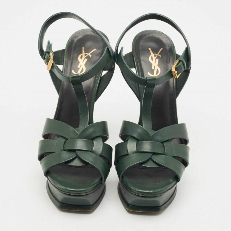 Pre Owned  Saint Laurent Green Leather Tribute Platform  Sandals Size 37