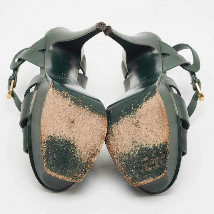Pre Owned  Saint Laurent Green Leather Tribute Platform  Sandals Size 37