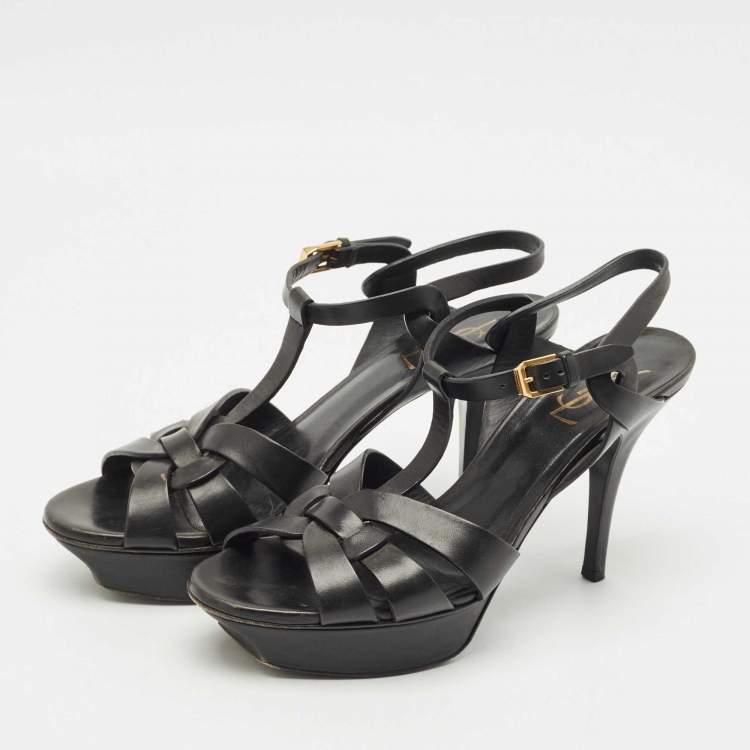Pre Owned Saint Laurent Black Leather Tribute Platform Sandals Size 39