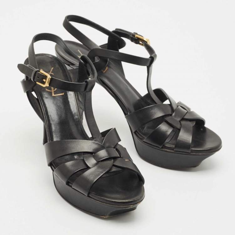 Pre Owned Saint Laurent Black Leather Tribute Platform Sandals Size 39