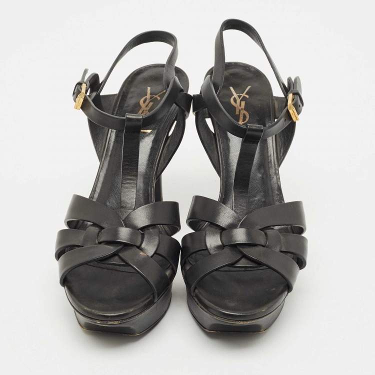 Pre Owned Saint Laurent Black Leather Tribute Platform Sandals Size 39