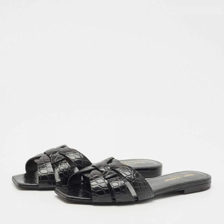 Pre Owned Saint Laurent Black Croc Embossed Leather Tribute Flat Slides Size 36.5