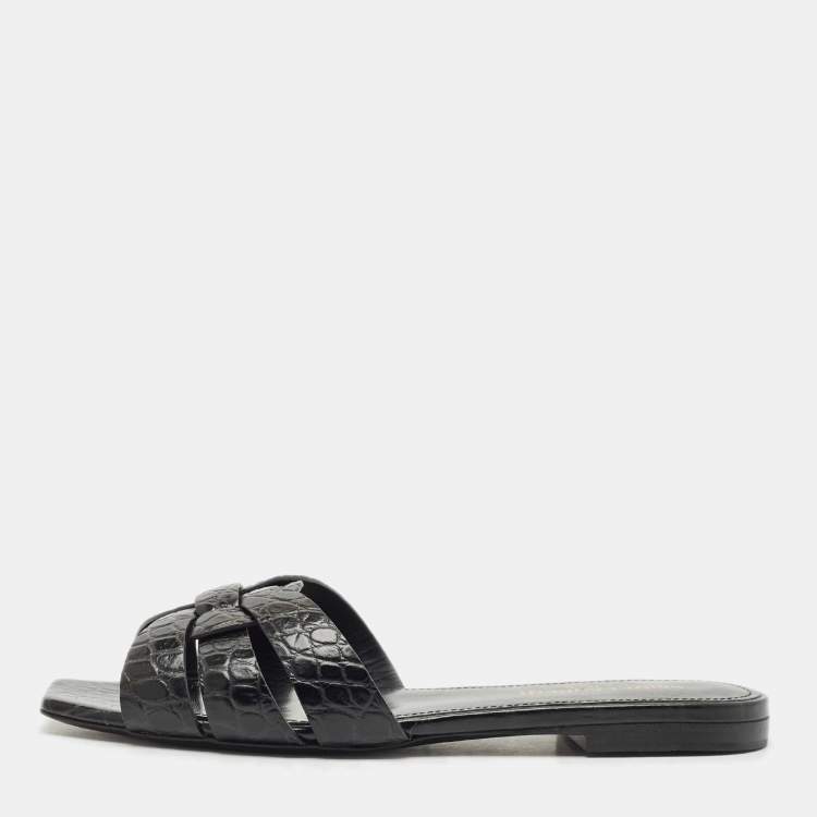 Pre Owned Saint Laurent Black Croc Embossed Leather Tribute Flat Slides Size 36.5