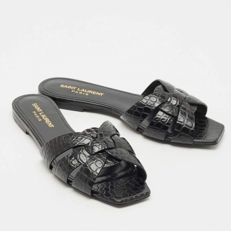 Pre Owned Saint Laurent Black Croc Embossed Leather Tribute Flat Slides Size 36.5