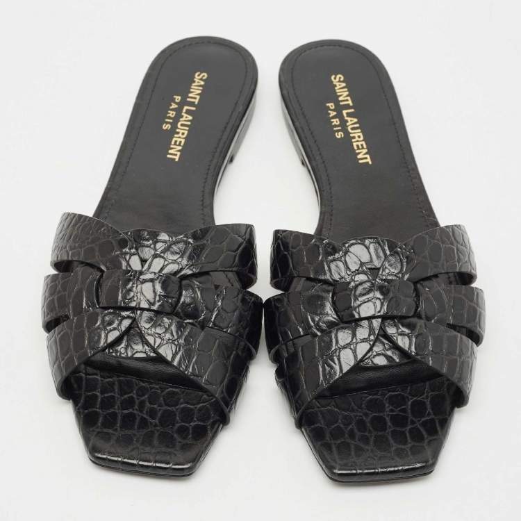Pre Owned Saint Laurent Black Croc Embossed Leather Tribute Flat Slides Size 36.5