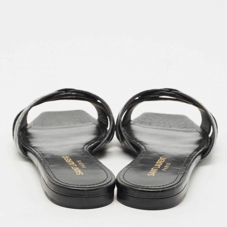 Pre Owned Saint Laurent Black Croc Embossed Leather Tribute Flat Slides Size 36.5