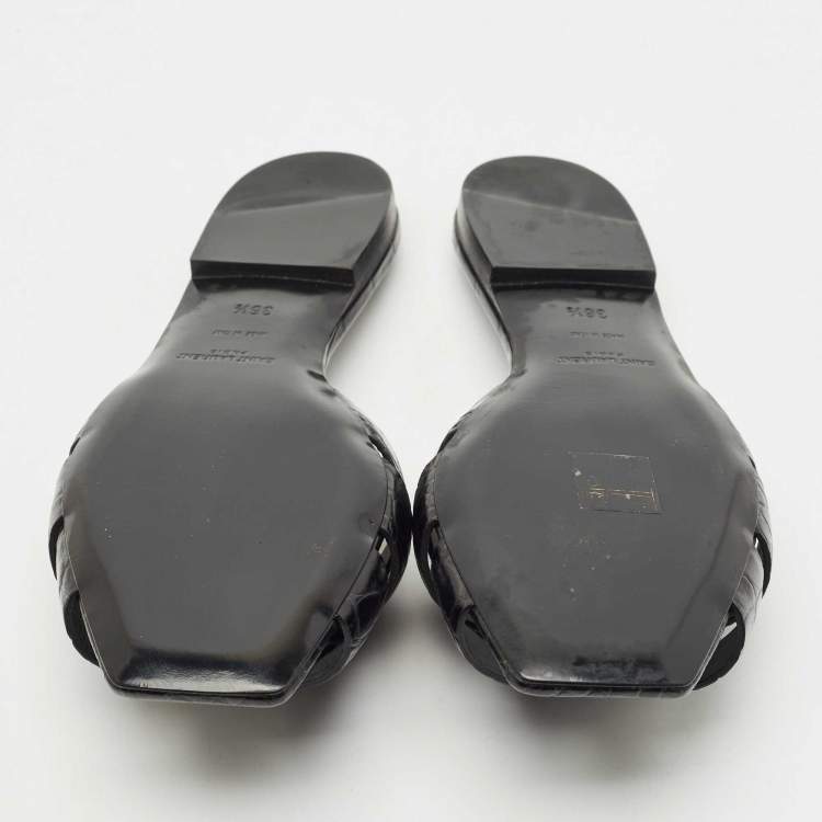 Pre Owned Saint Laurent Black Croc Embossed Leather Tribute Flat Slides Size 36.5