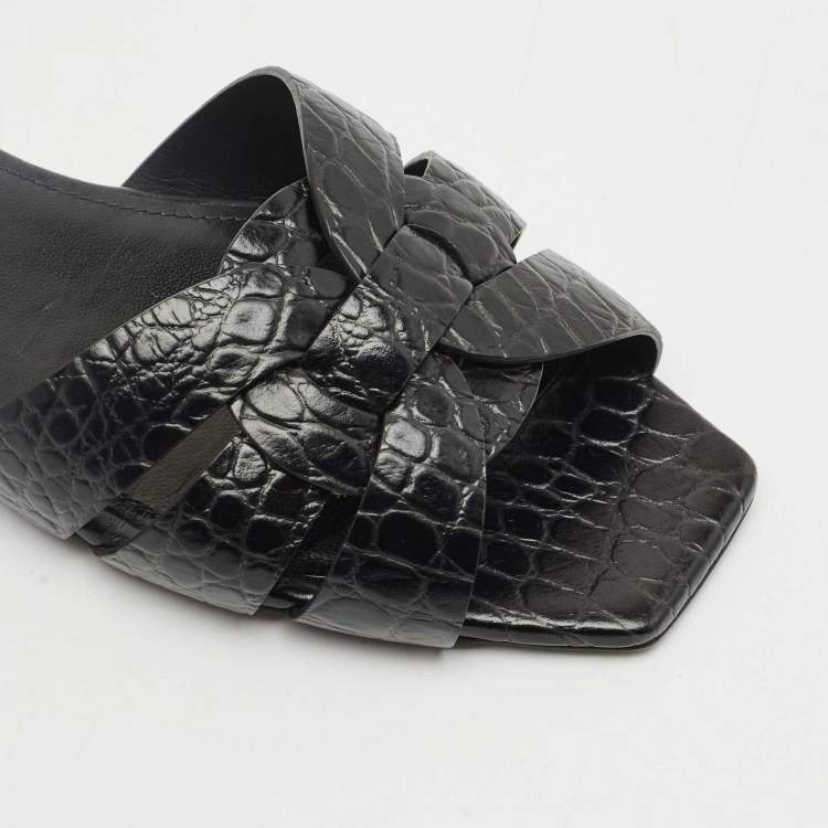 Pre Owned Saint Laurent Black Croc Embossed Leather Tribute Flat Slides Size 36.5