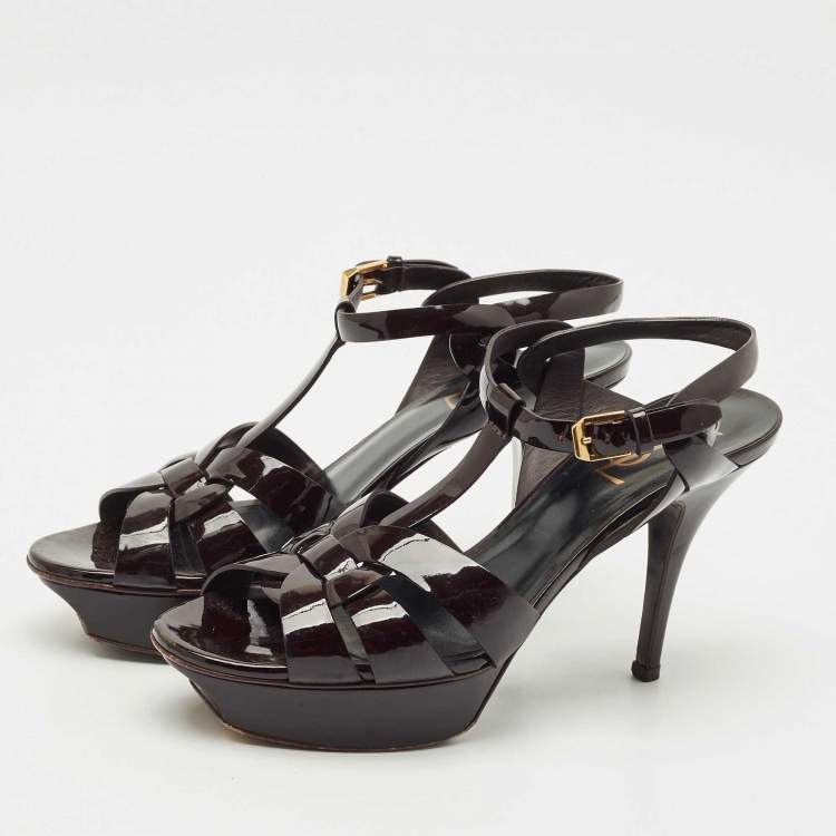 Pre Owned Saint Laurent Burgundy Patent Leather Tribute Platform Sandals Size 38