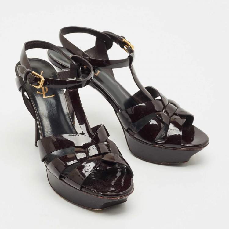 Pre Owned Saint Laurent Burgundy Patent Leather Tribute Platform Sandals Size 38