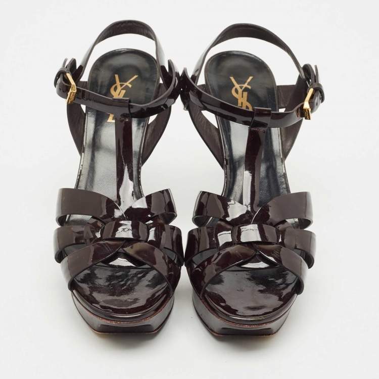 Pre Owned Saint Laurent Burgundy Patent Leather Tribute Platform Sandals Size 38