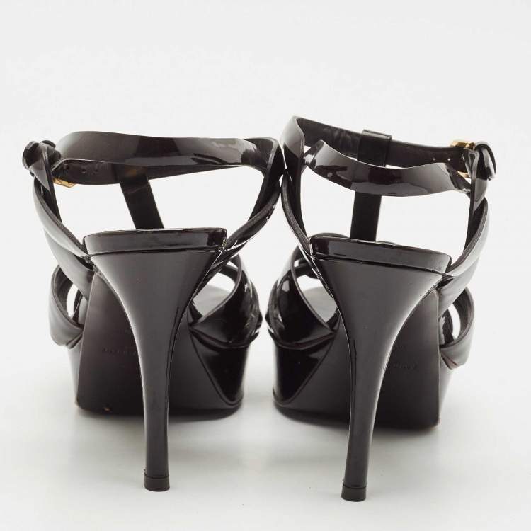 Pre Owned Saint Laurent Burgundy Patent Leather Tribute Platform Sandals Size 38