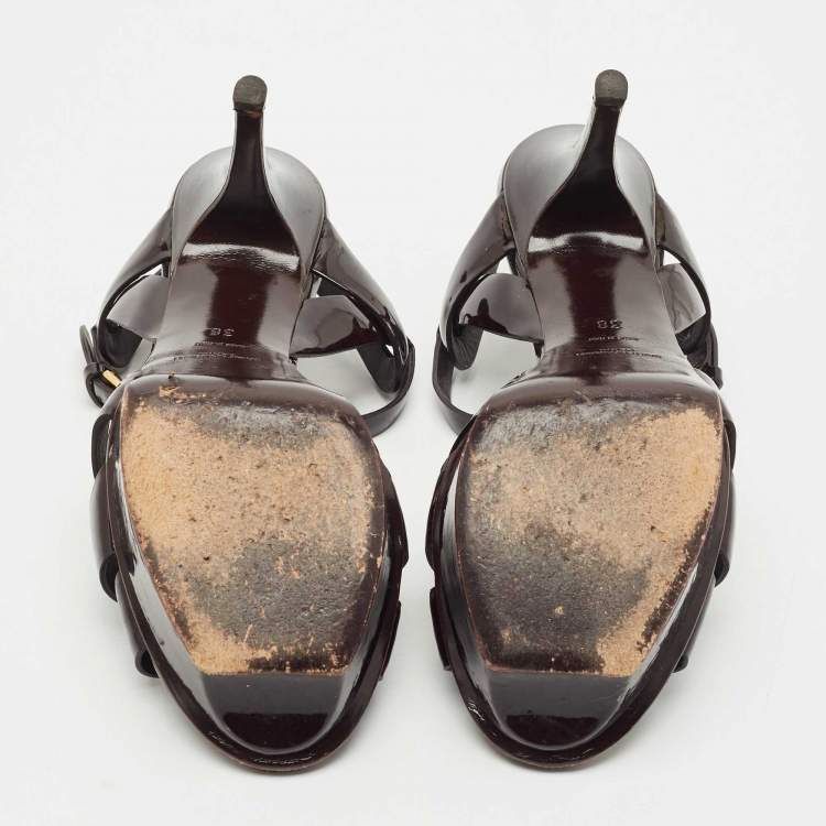 Pre Owned Saint Laurent Burgundy Patent Leather Tribute Platform Sandals Size 38