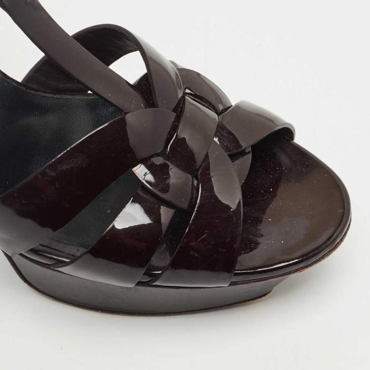 Pre Owned Saint Laurent Burgundy Patent Leather Tribute Platform Sandals Size 38