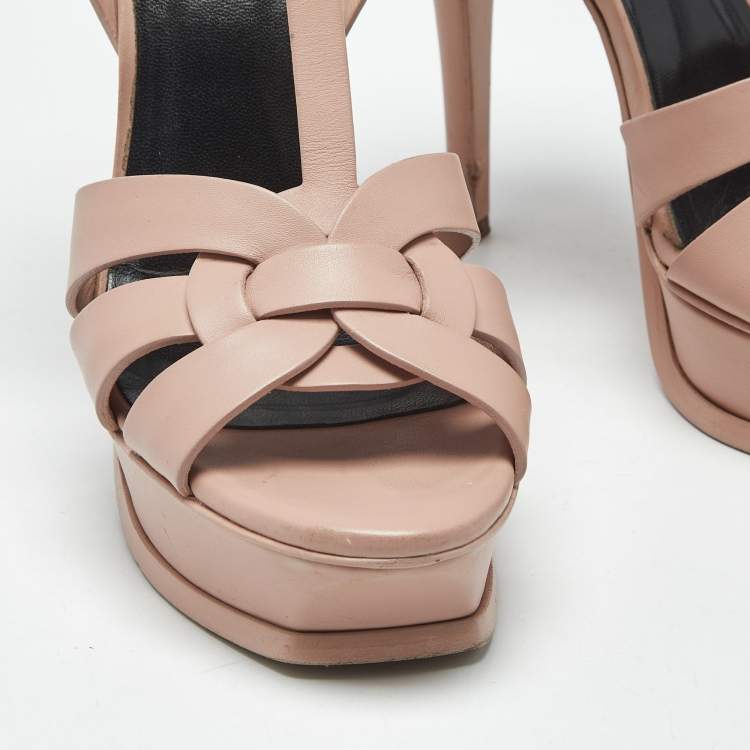 Pre Owned Saint Laurent Pale Pink Leather Tribute Platform Sandals Size 38