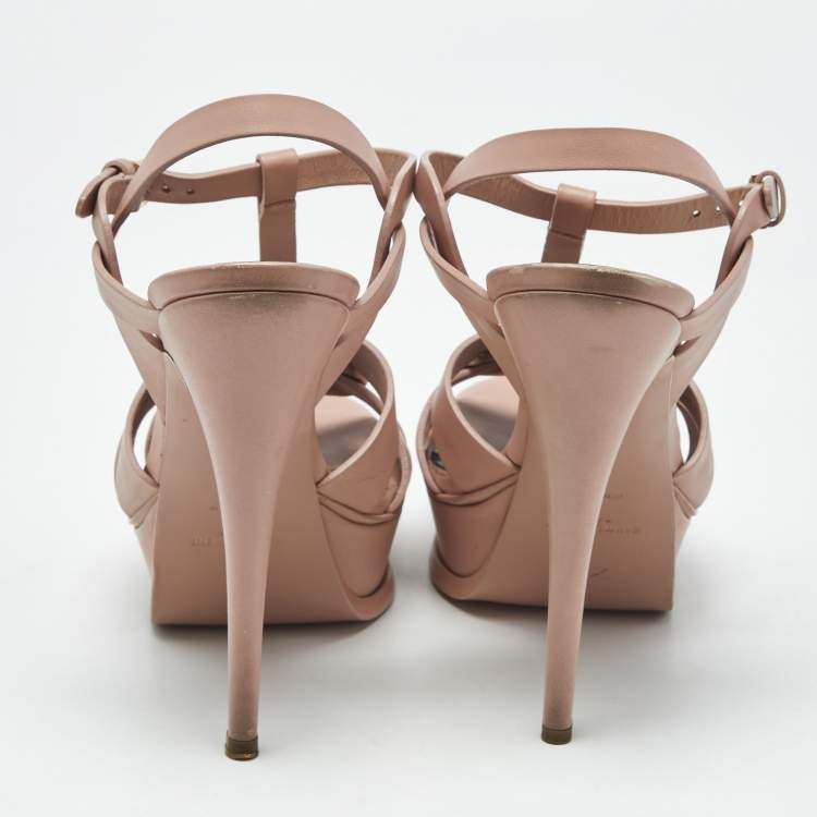 Pre Owned Saint Laurent Pale Pink Leather Tribute Platform Sandals Size 38