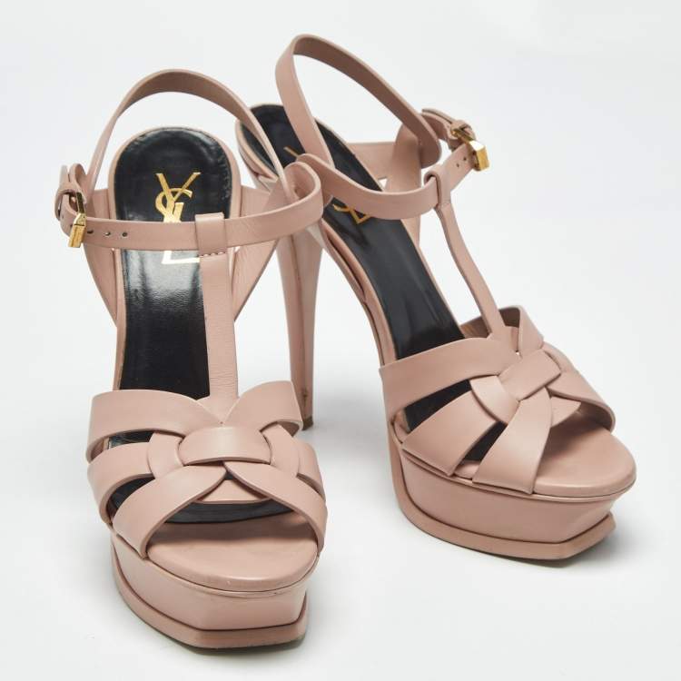 Pre Owned Saint Laurent Pale Pink Leather Tribute Platform Sandals Size 38