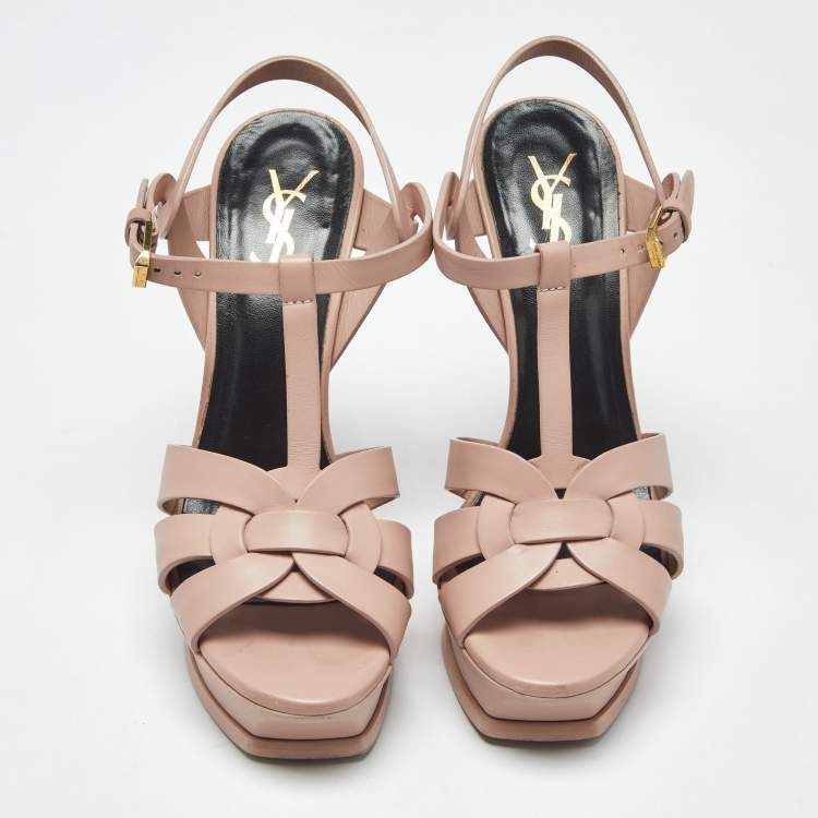 Pre Owned Saint Laurent Pale Pink Leather Tribute Platform Sandals Size 38