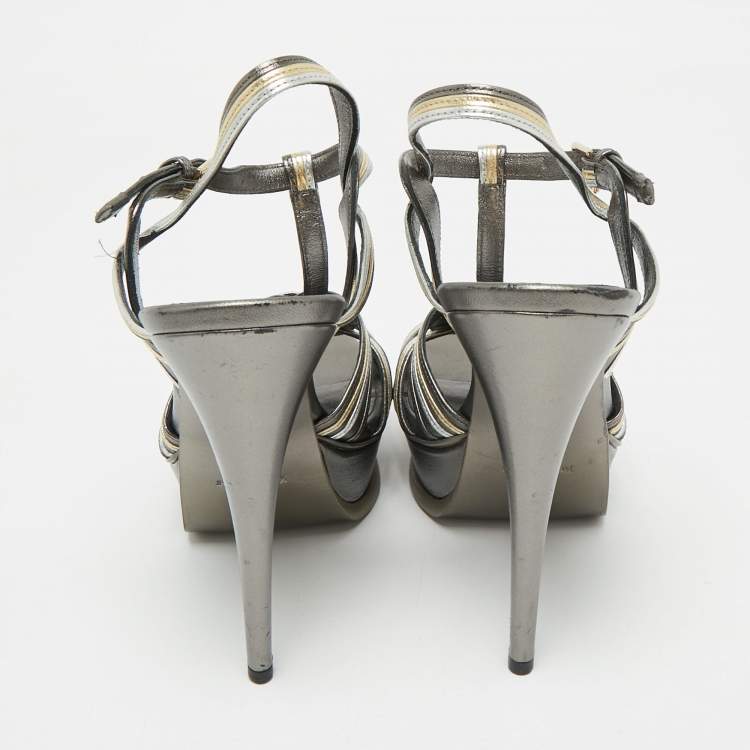 Pre Owned Saint Laurent Metallic Leather Tribute Sandals Size 41