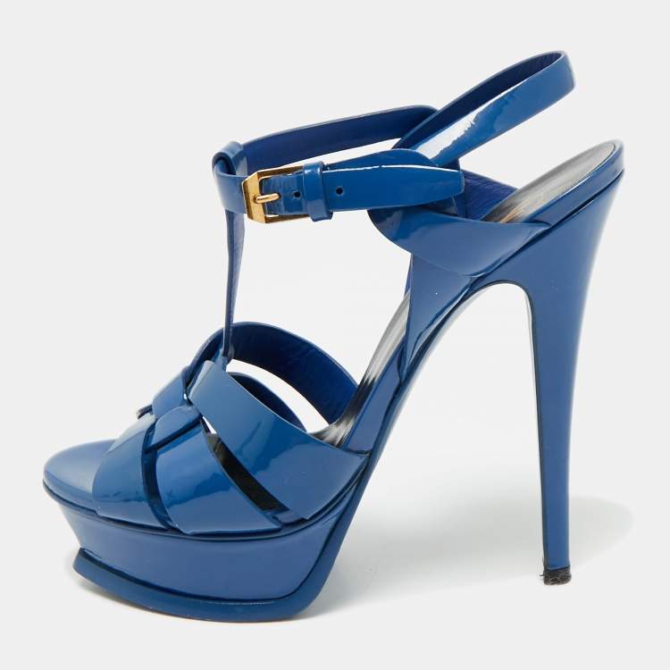 Pre Owned Saint Laurent Blue Patent Leather Tribute Platform Sandals Size 36.5