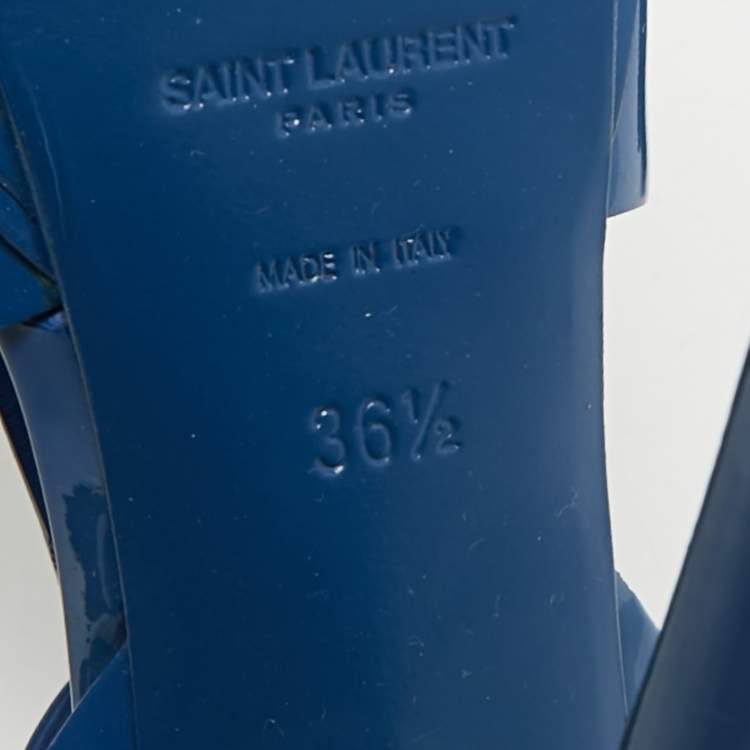 Pre Owned Saint Laurent Blue Patent Leather Tribute Platform Sandals Size 36.5