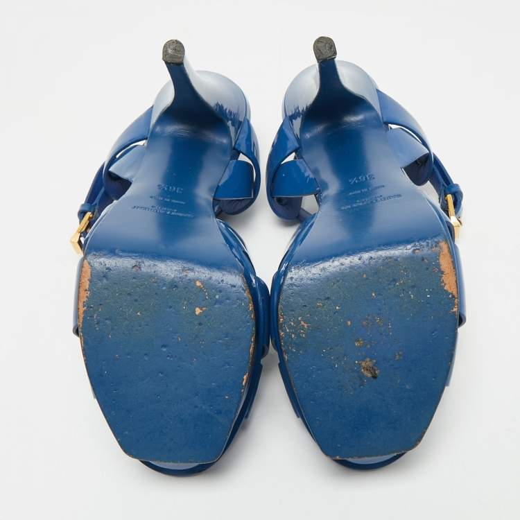 Pre Owned Saint Laurent Blue Patent Leather Tribute Platform Sandals Size 36.5