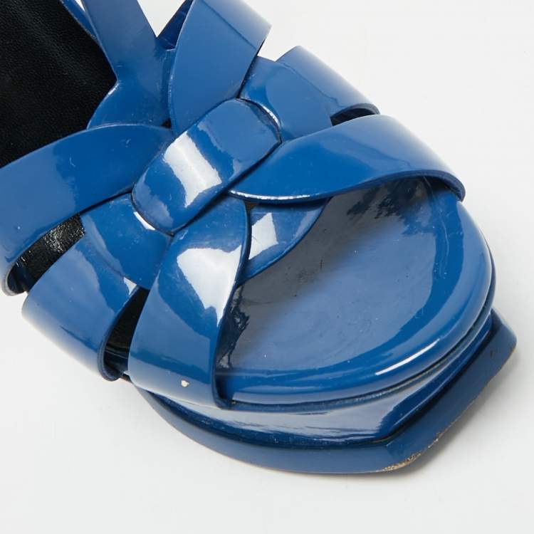 Pre Owned Saint Laurent Blue Patent Leather Tribute Platform Sandals Size 36.5