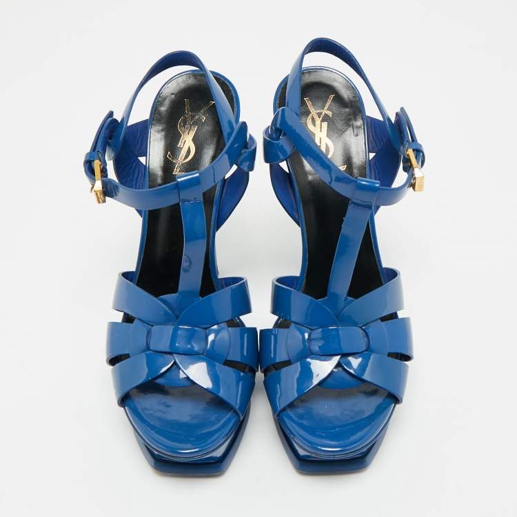 Pre Owned Saint Laurent Blue Patent Leather Tribute Platform Sandals Size 36.5