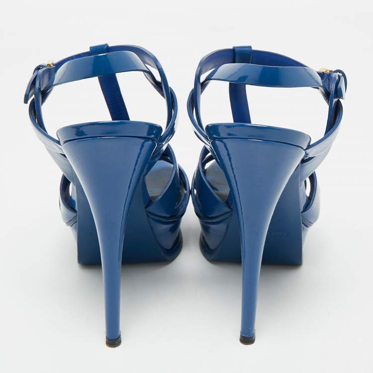 Pre Owned Saint Laurent Blue Patent Leather Tribute Platform Sandals Size 36.5