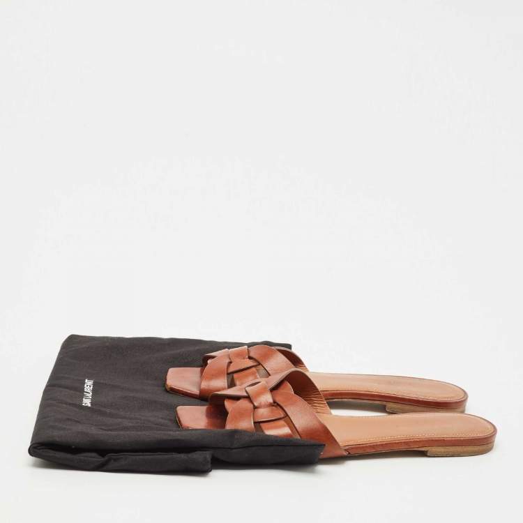 Pre Owned Saint Laurent Brown Leather Tribute Flat Slides Size 38.5