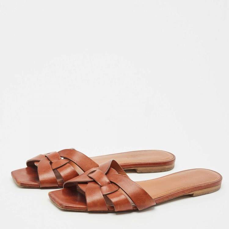 Pre Owned Saint Laurent Brown Leather Tribute Flat Slides Size 38.5