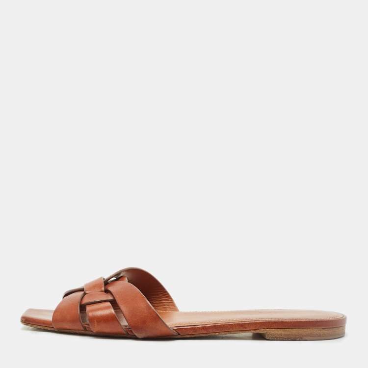 Pre Owned Saint Laurent Brown Leather Tribute Flat Slides Size 38.5