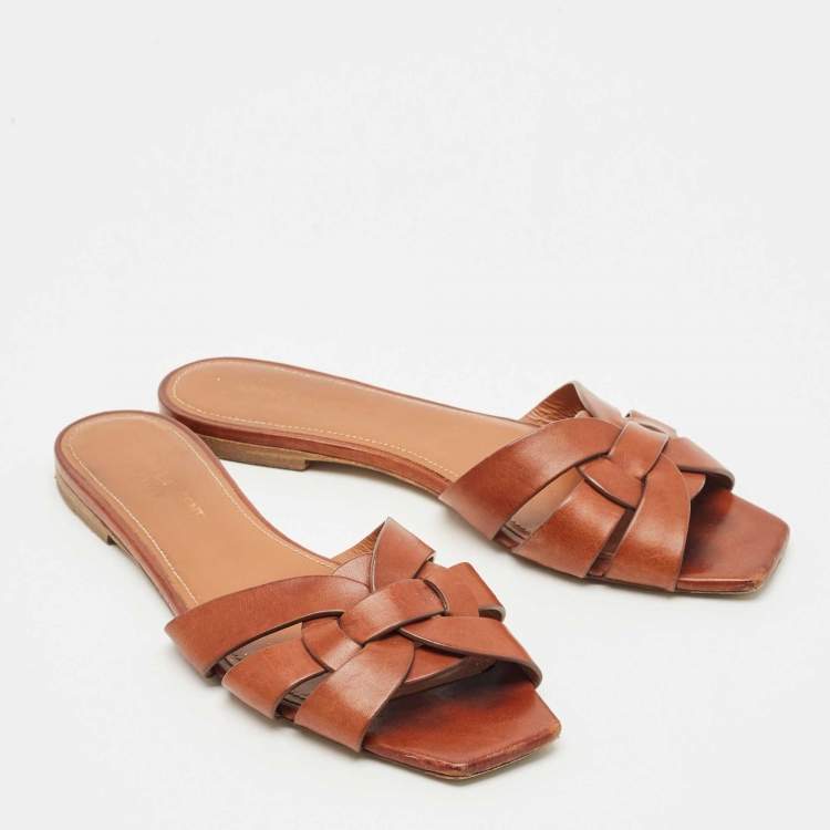 Pre Owned Saint Laurent Brown Leather Tribute Flat Slides Size 38.5