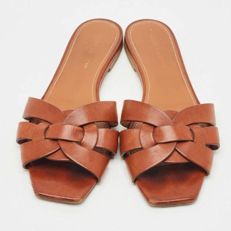 Pre Owned Saint Laurent Brown Leather Tribute Flat Slides Size 38.5