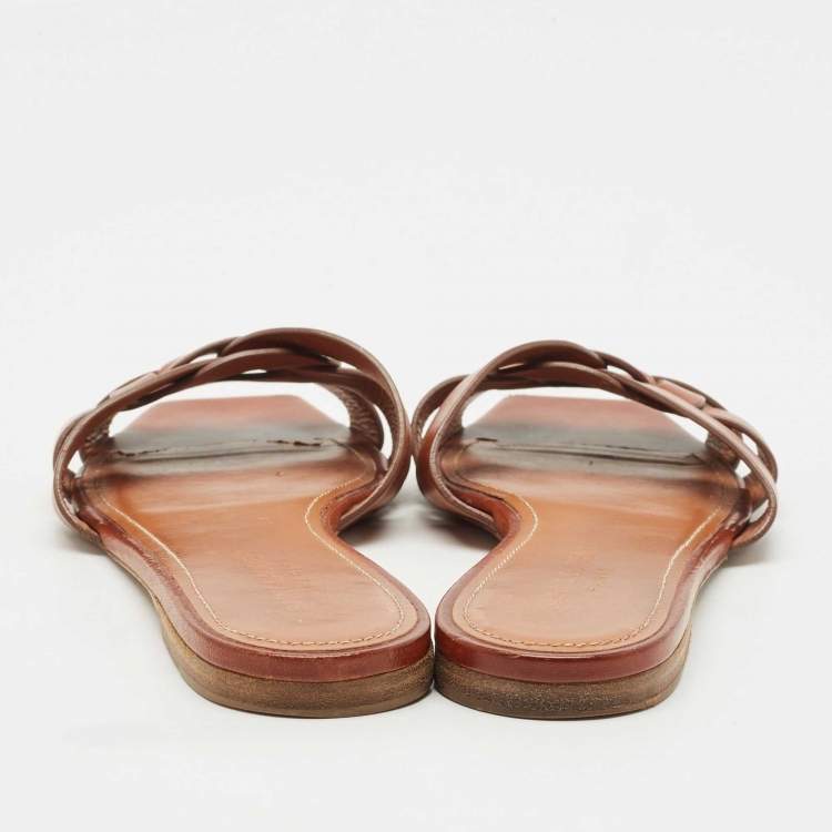 Pre Owned Saint Laurent Brown Leather Tribute Flat Slides Size 38.5