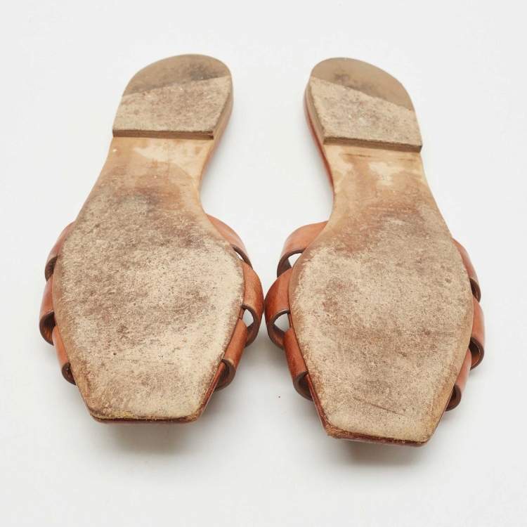 Pre Owned Saint Laurent Brown Leather Tribute Flat Slides Size 38.5