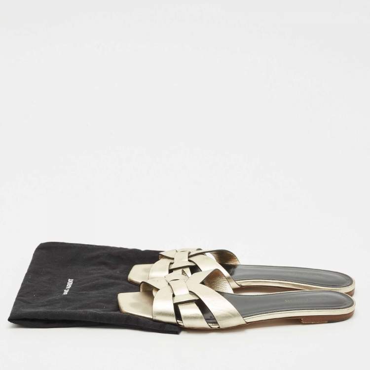 Pre Owned Saint Laurent  Gold Leather Tribute Flat Sandals Size 40