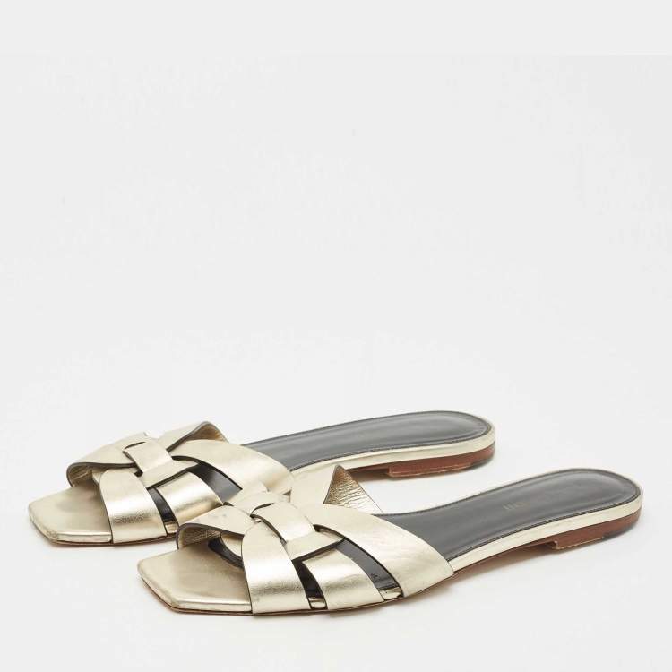 Pre Owned Saint Laurent  Gold Leather Tribute Flat Sandals Size 40
