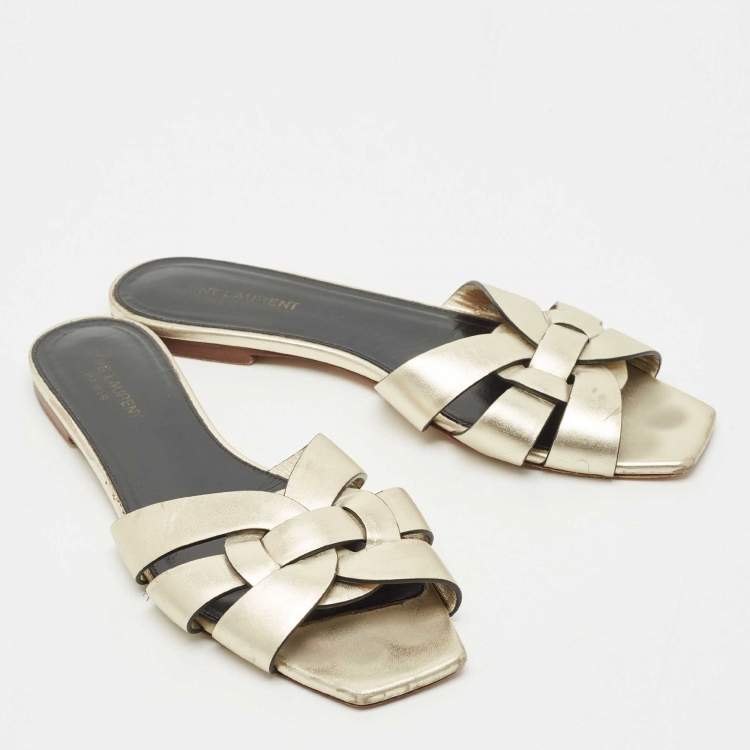 Pre Owned Saint Laurent  Gold Leather Tribute Flat Sandals Size 40